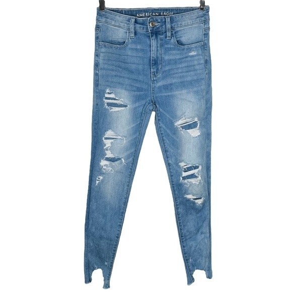 American Eagle Jeans Super Hi-Rise Jegging sz 2 * Light Wash Distressed Jeans AE - Picture 1 of 9